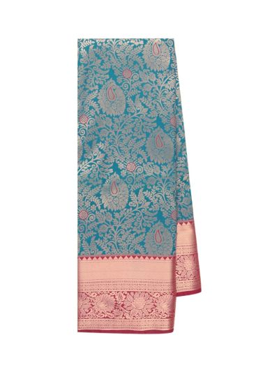 Gracecharm Gift Art Silk Floral Butta Checks Turquoise Blue with Zari Pallu Border Saree
