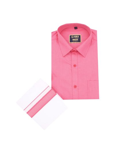 KKV Men’s Pink Half Sleeve Cotton Readymade Shirt with White Striped Dhoti Set