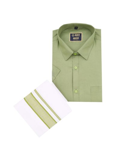 KKV Men’s Sage Green Half Sleeve Cotton Shirt with Striped Border Dhoti Set