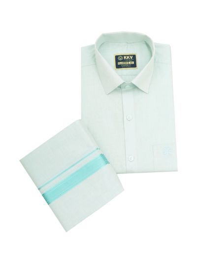 KKV Men’s Light Aqua Full Sleeve Semi Tissue Shirt and Dhoti Set