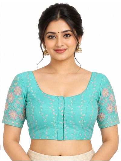 Graceful Essence Art Silk Aqua Blue Floral Embroidered Padded Blouse
