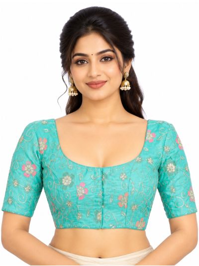 Graceful Essence Art Silk Turquoise Blue Floral Embroidered Padded Blouse