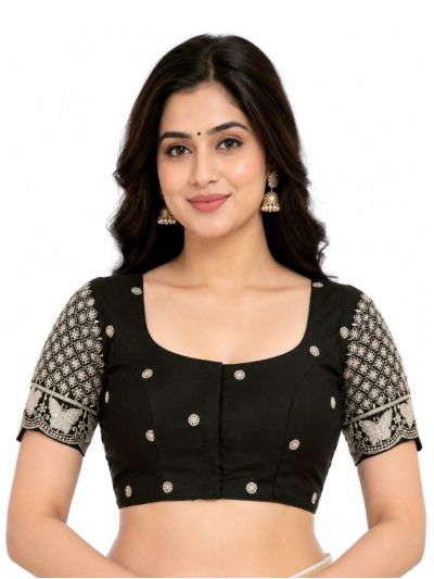 Graceful Essence Art Silk Black Floral Embroidered Padded Blouse