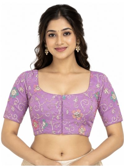 Graceful Essence Art Silk Lavender Floral Embroidered Padded Blouse