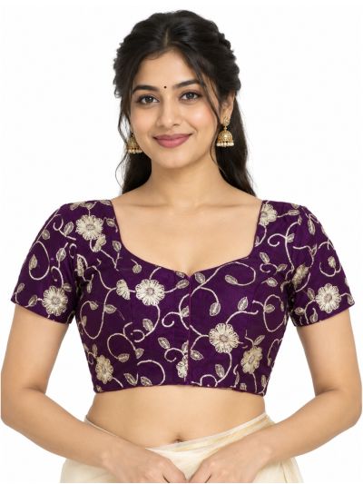 Graceful Essence Art Silk Deep Purple Floral Embroidered Padded Blouse