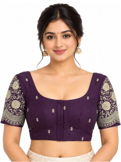 Graceful Essence Art Silk Deep Plum Purple Floral Embroidered Padded Blouse