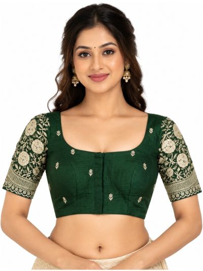 Graceful Essence Art Silk Bottle Green Floral Embroidered Padded Blouse
