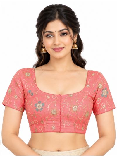 Graceful Essence Art Silk Coral Pink Floral Embroidered Padded Blouse