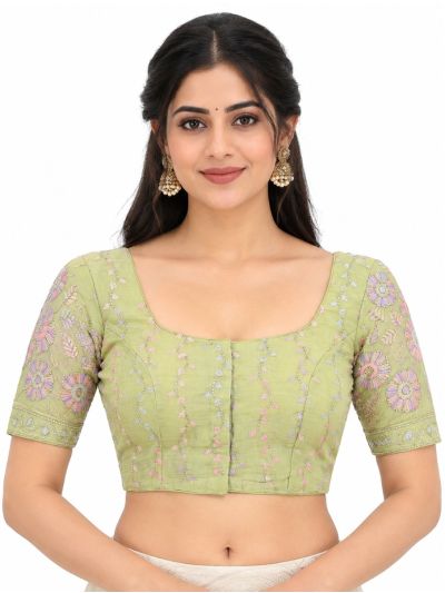 Graceful Essence Art Silk Light Pista Green Floral Embroidered Padded Blouse