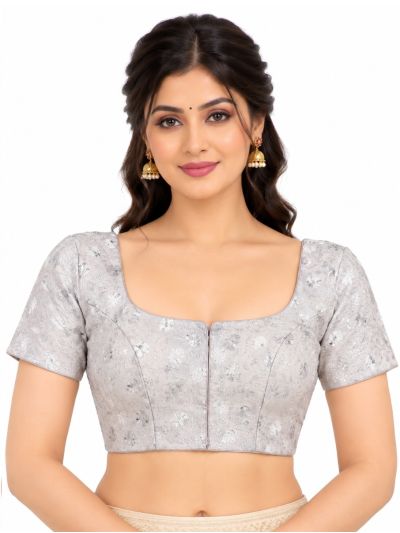 Graceful Essence Art Silk Silver Grey Floral Sequins Embroidered Padded Blouse