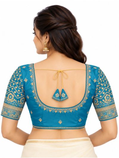 Graceful Essence Art Silk Peacock Blue Gold Embroidered Padded Blouse