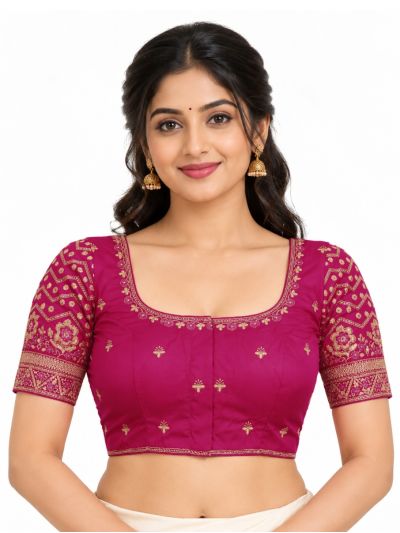 Graceful Essence Art Silk Rani Pink Gold Embroidered Padded Blouse