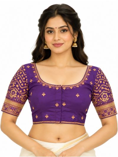 Graceful Essence Art Silk Royal Purple Gold Embroidered Padded Blouse