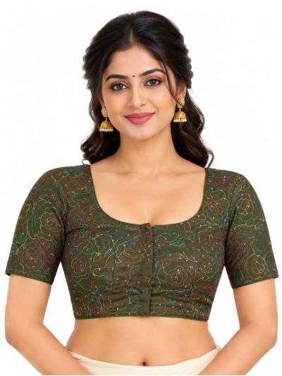 Graceful Essence Art Silk Olive Green Multicolour Floral Embroidered Padded Blouse