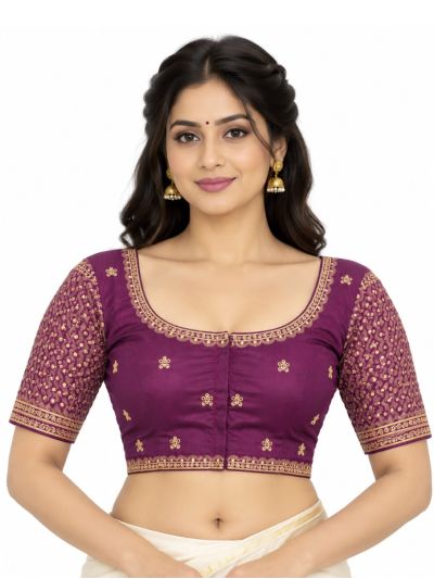 Graceful Essence Art Silk Plum Purple Gold Embroidered Padded Blouse