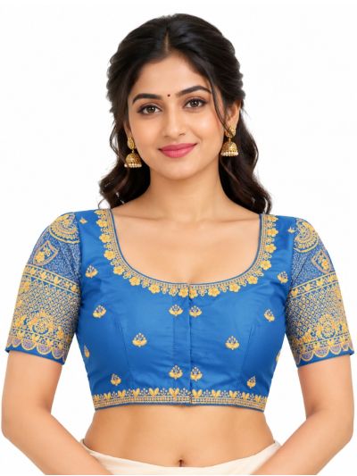 Graceful Essence Art Silk Royal Blue Gold Embroidered Padded Blouse