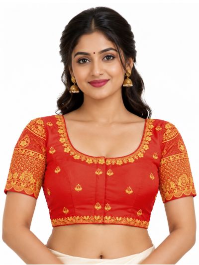 Graceful Essence Art Silk Vermilion Red Gold Embroidered Padded Blouse