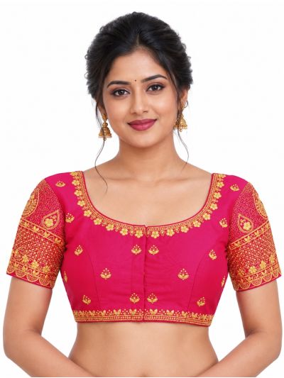 Graceful Essence Art Silk Rani Pink Gold Embroidered Padded Blouse