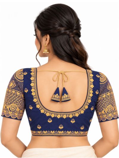 Graceful Essence Art Silk Navy Blue Gold Embroidered Padded Blouse