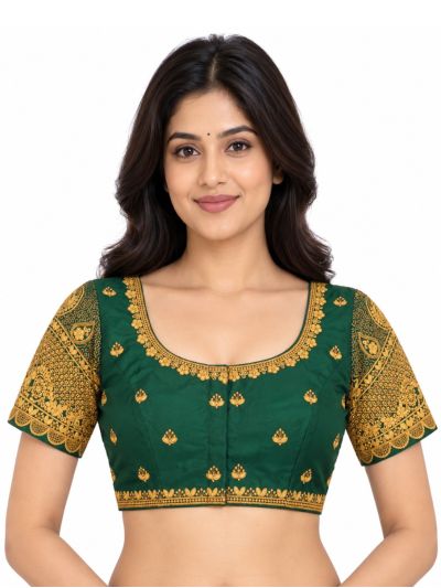 Graceful Essence Art Silk Bottle Green Gold Embroidered Padded Blouse