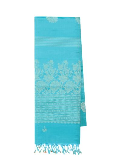 Kanmanie Soft Silk Light Blue Floral Leaf Butta with Ornamental Stripe Borderless Saree
