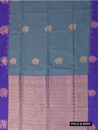 Gracecharm Art Soft Silk Teal Blue Floral Zari Butta Contrast Border Saree