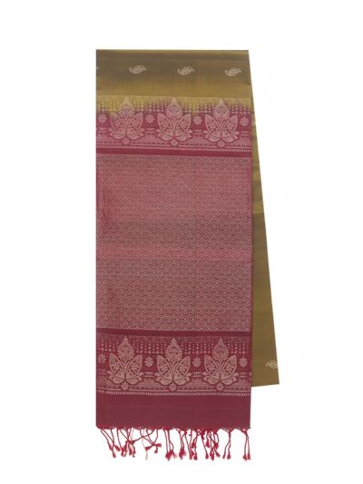 Gracecharm Pure Soft Silk Olive Green Butta with Geometric Pallu Saree