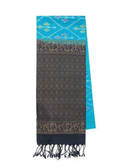 Blossom Ease Blue Pochampally Silk Ikat Design with Contrast Zari Border Saree
