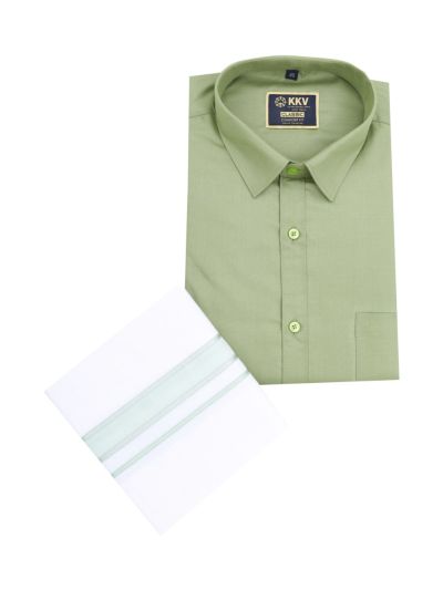 KKV Men’s Sage Green Solid Shirt with White Green Border Dhoti Set