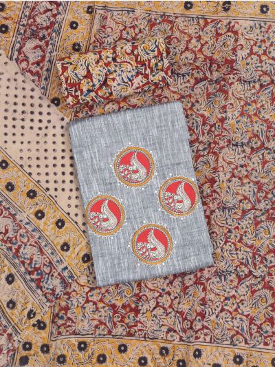 Graceful Cotton Printed Kalamkari Peacock Motifs Dress Material