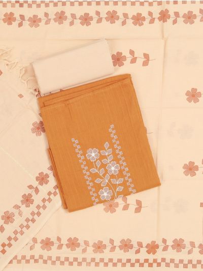 Graceful Cotton Floral Motif With Leafy Geometric Border Dress Material