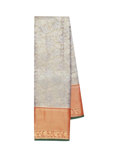 Gracecharm Tissue Grey Soft Silk Floral Leaf Motif Paisley Pallu Saree