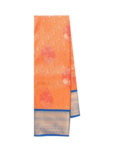 Gracecharm Gift Art Silk Orange  Floral Jacquard with Geometric Pallu Saree