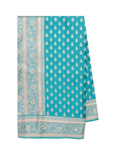 BlossomEase Semi Banarasi Floral Butta with Teal Blue Jaal Pallu Saree
