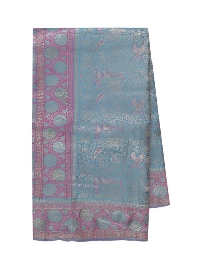 BlossomEase Semi Banarasi Floral Butta with Powder Blue Jaal Pallu Saree