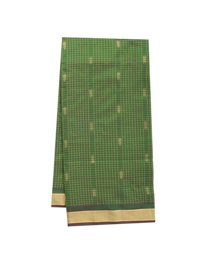 Traditional Nine Yards Silk Green Peacock Checks Striped Pallu Saree