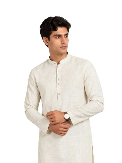 Mens Branded Kurta Set Ivory Slub Textured