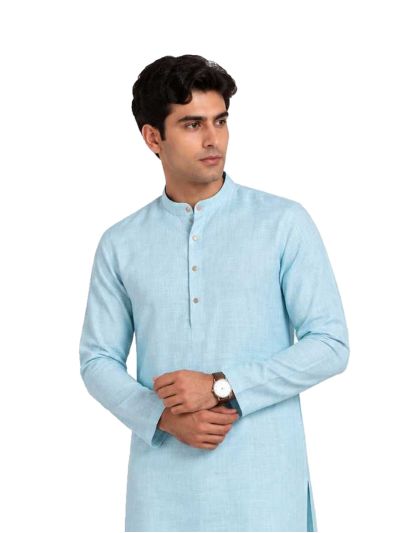 Men Branded Linen Kurta Set Light Aqua Blue Solid with White Pants