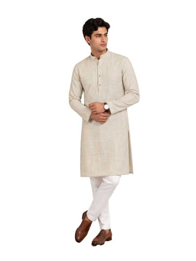 Men branded linen kurta set Light Beige Solid with White Pants