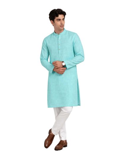 Men branded linen kurta set Aqua Green Solid with White Pants