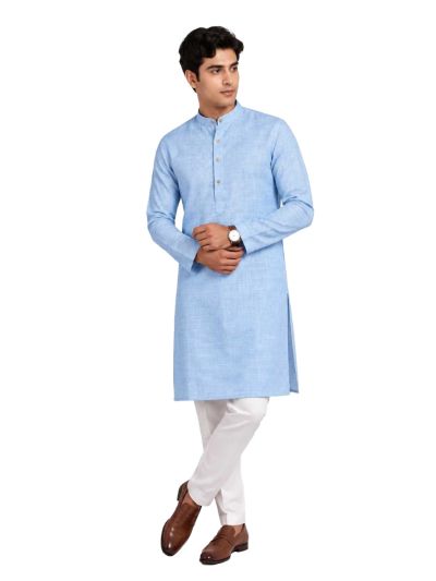Men branded linen kurta set Sky Blue Solid with White Pants