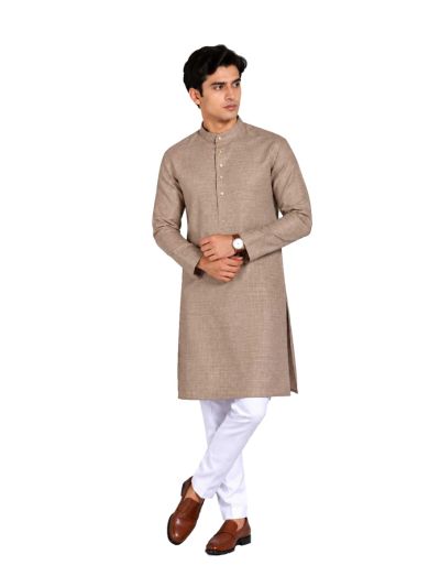 Men branded linen kurta set Taupe Brown Solid with White Pants