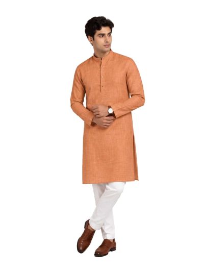 Men branded linen kurta set Burnt Orange Solid with White Pants