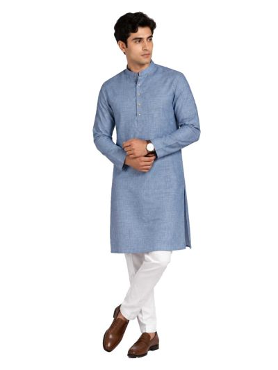 Men branded linen kurta set Steel Blue Solid with White Pants
