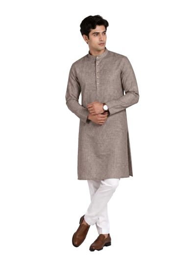 Men branded linen kurta set Mushroom Brown Solid with White Pants