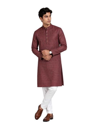 Men branded linen kurta set Maroon Solid with White Pants