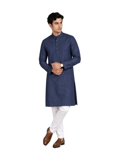 Men branded linen kurta set Navy Blue Solid with White Pants
