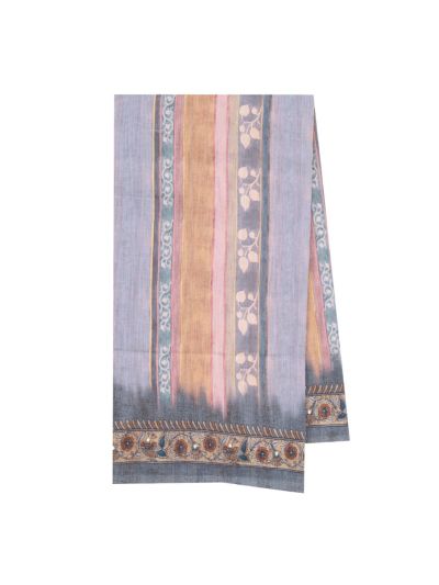 GraceCharm Semi Jute Floral Leaf Buta Stripes with Ornamental Bird Pallu Saree