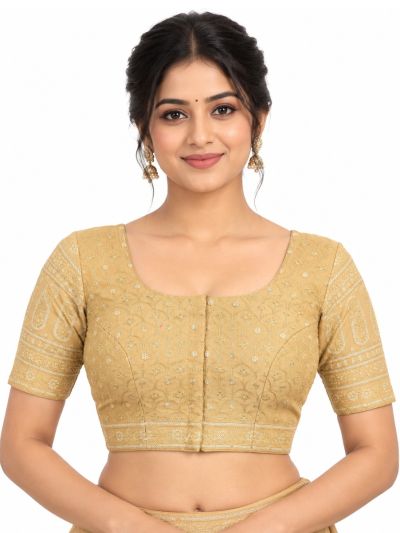 Graceful Essence Art Silk Champagne Gold Floral Embroidered Padded Blouse