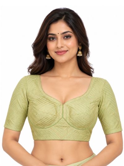 Graceful Essence Art Silk Pistachio Green Chevron Embroidered Padded Blouse